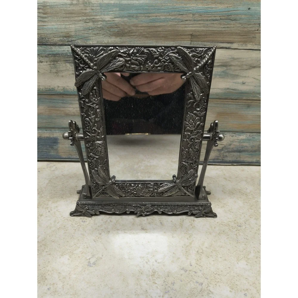 Ornate Vanity Swing Mirror Enamel Swirl Metal Frame Heavy Base Free Stand